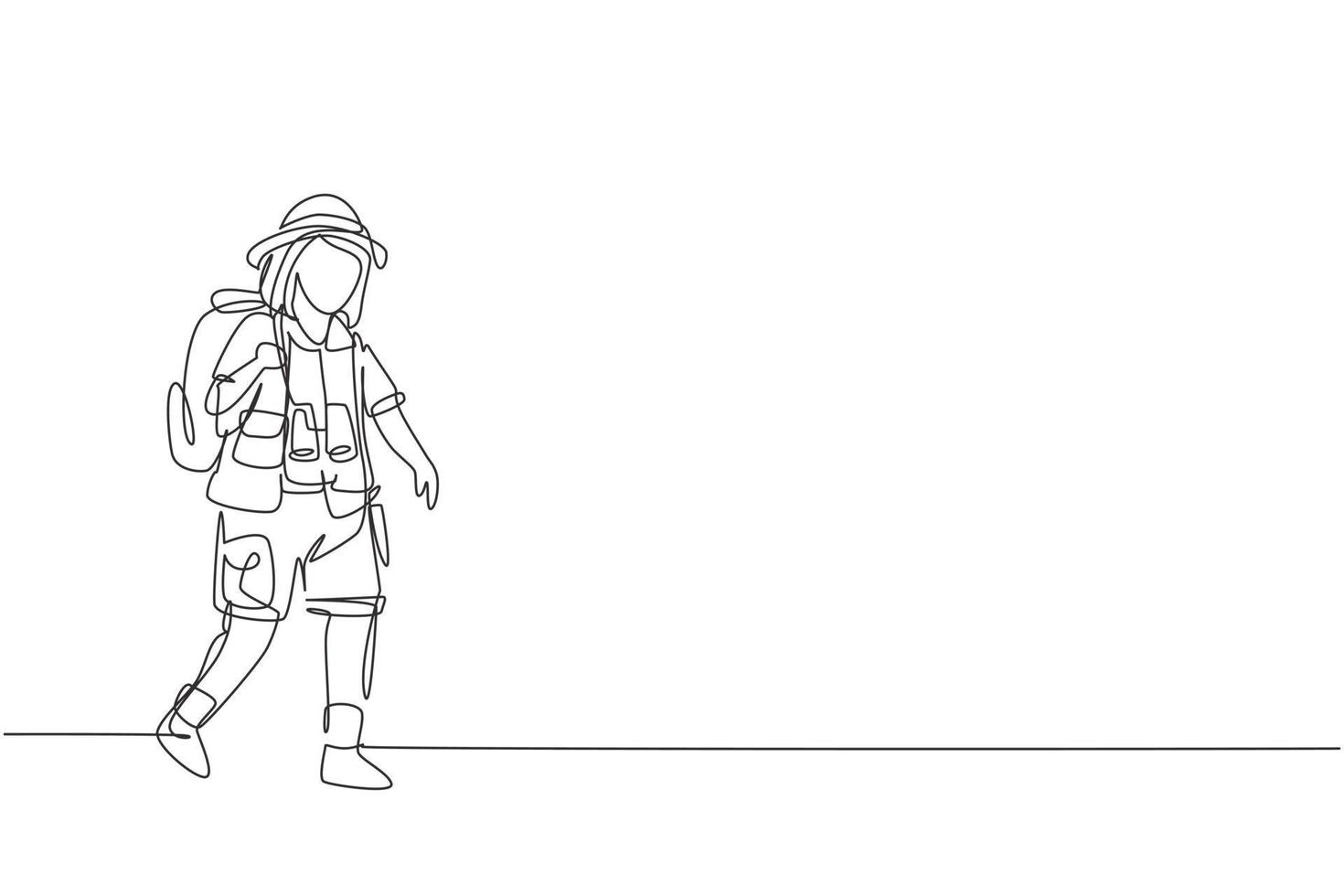 Continuous one line drawing girl wearing safari outfit complete with hat carrying bag and draping binoculars. Little adventurer learns about nature. Single line draw design vector graphic illustration