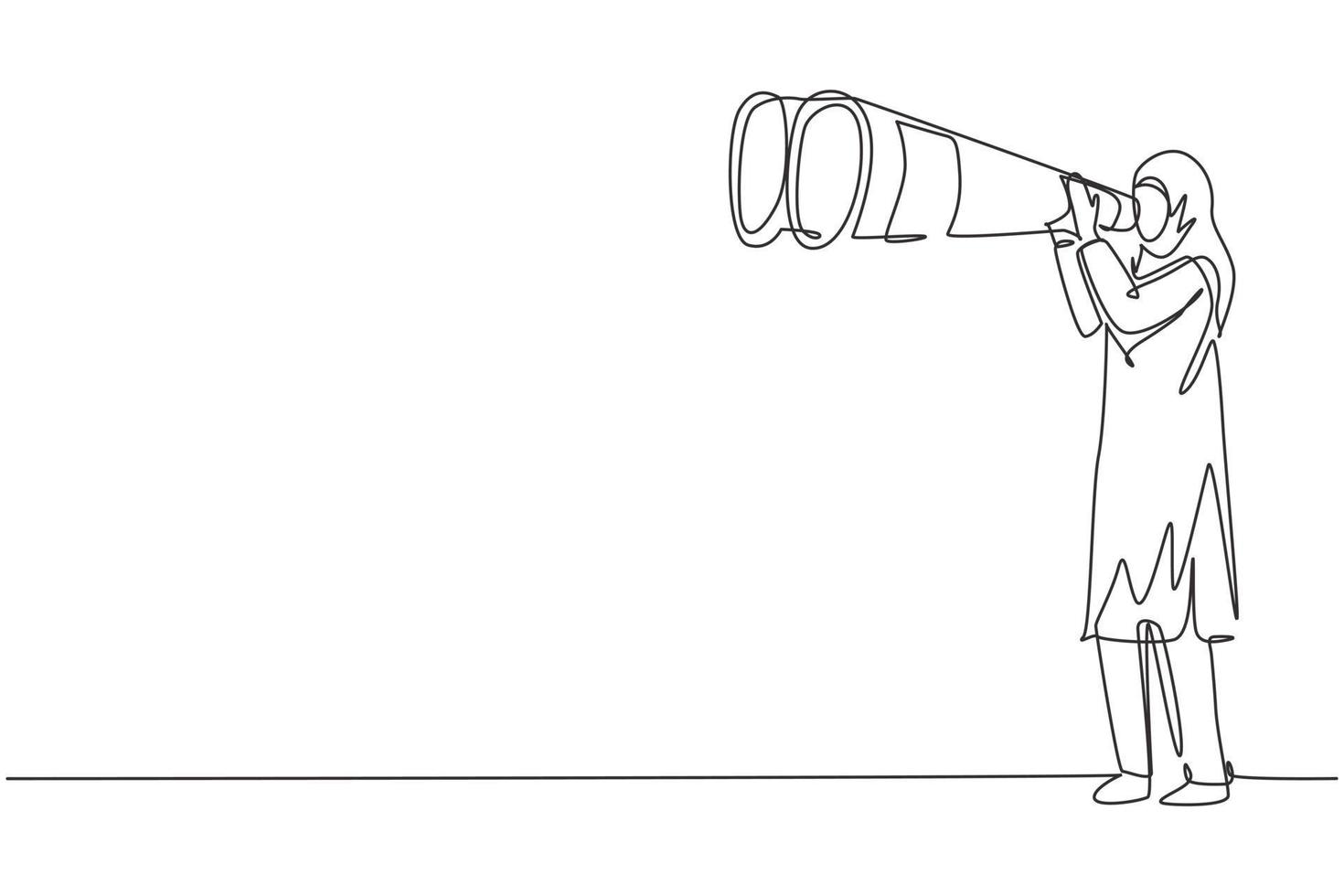 Single continuous line drawing happy Arab tourist woman looking through big binoculars far ahead. Young lady is traveling with field glasses. Dynamic one line draw graphic design vector illustration