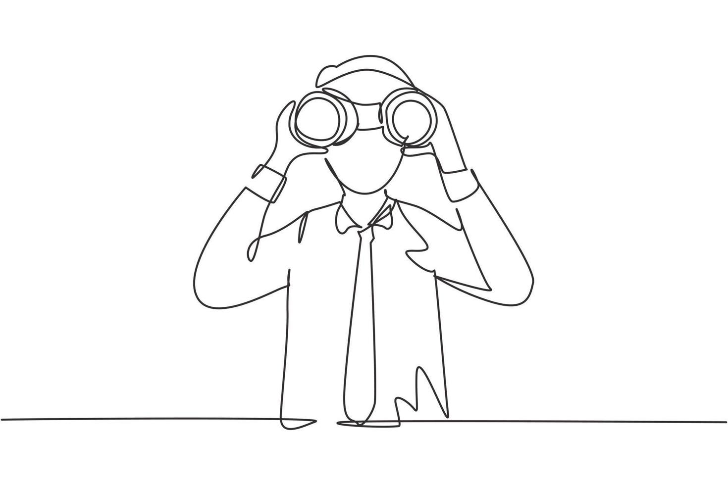 Single continuous line drawing young businessman looking through binoculars searching for job. Find all opportunities in the world of suitable jobs. One line draw graphic design vector illustration