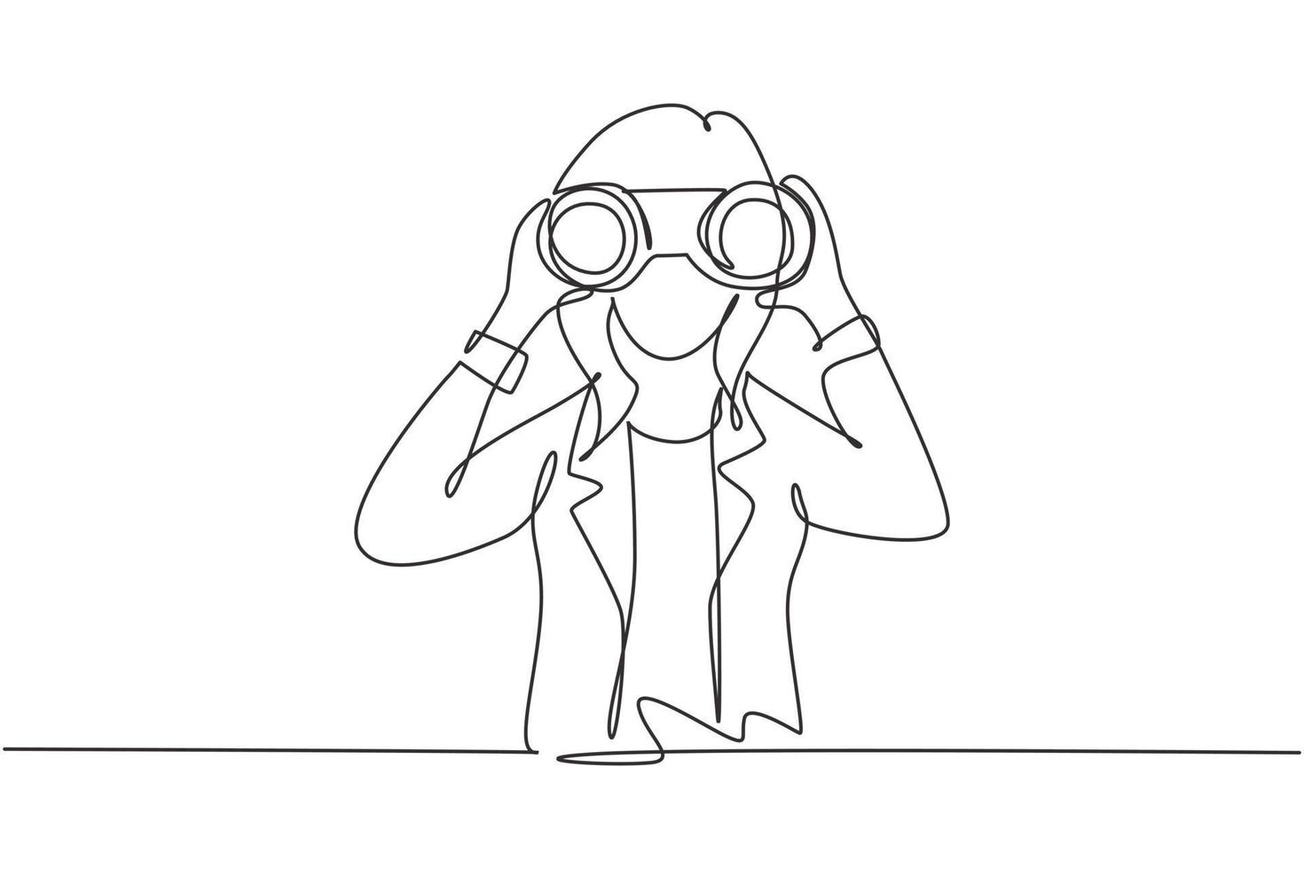 Single one line drawing young business woman looking through binoculars searching for job. Find all opportunities in the world of suitable jobs. Continuous line draw design graphic vector illustration