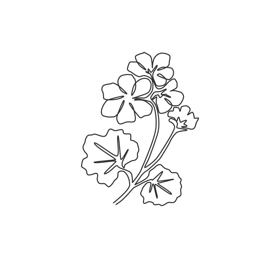un dibujo de una sola línea del geranio fresco de la belleza para el logotipo del jardín. Concepto de flor de cranesbills decorativos imprimibles para textiles de tela de moda. Ilustración de vector de diseño de dibujo de línea continua de moda