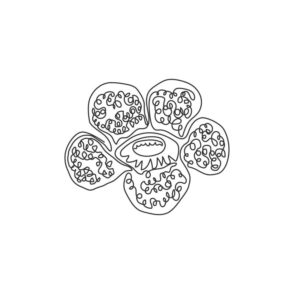 Single one line drawing beauty of fresh corpse lily for home wall art decor poster print. Decorative rafflesia arnoldii flower for national park. Modern continuous line draw design vector illustration