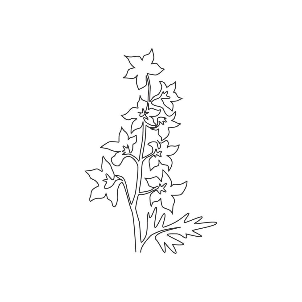 Un dibujo de línea continua Beauty Fresh Larkspur para decoración del hogar, arte de pared, impresión de póster. Delphinium flor perenne decorativa para tarjeta de invitación de boda. Ilustración de vector de diseño de dibujo de una sola línea