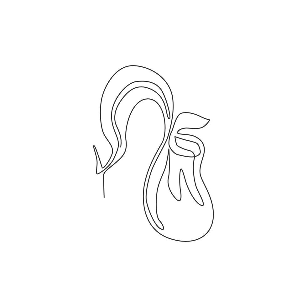 One continuous line drawing of beauty fresh nepenthes for home wall art decor poster print. Decorative tropical pitcher plant concept for invitation card. Single line draw design vector illustration
