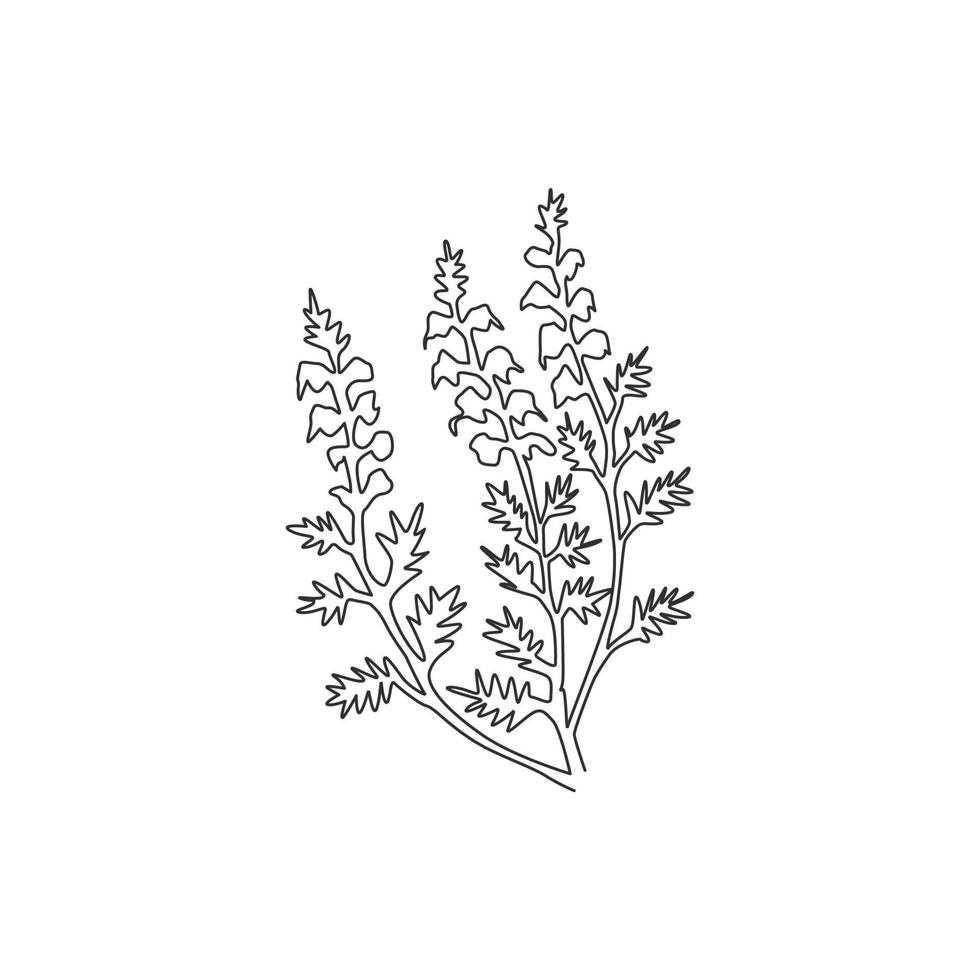 One continuous line drawing of beauty fresh common heather for home decor wall art poster print. Decorative calluna vulgaris flower for invitation card. Single line draw design vector illustration