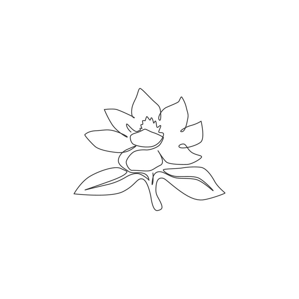 One continuous line drawing beauty fresh magnoliaceae for home decor wall art poster print. Decorative magnolia flower concept for invitation card. Trendy single line draw design vector illustration