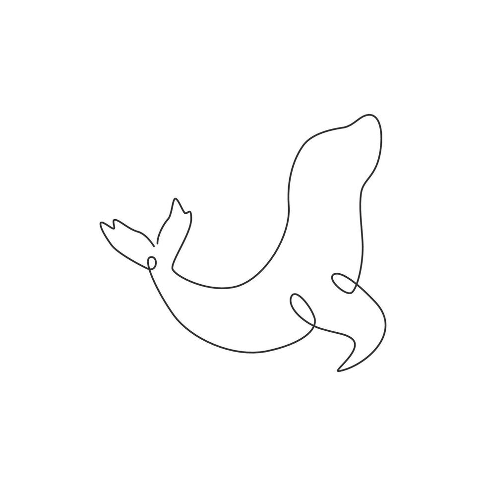 Single continuous line drawing of clever sea lion for aquatic circus show logo identity. Smart mammal animal mascot concept for intelligence society logotype. One line draw design vector illustration