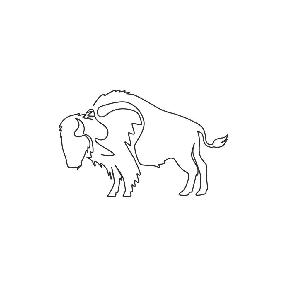 un dibujo de línea continua de un bisonte norteamericano fuerte para la identidad del logotipo del bosque de conservación. concepto de la mascota del gran toro para el parque nacional. Ilustración de diseño gráfico de vector de dibujo de una línea moderna