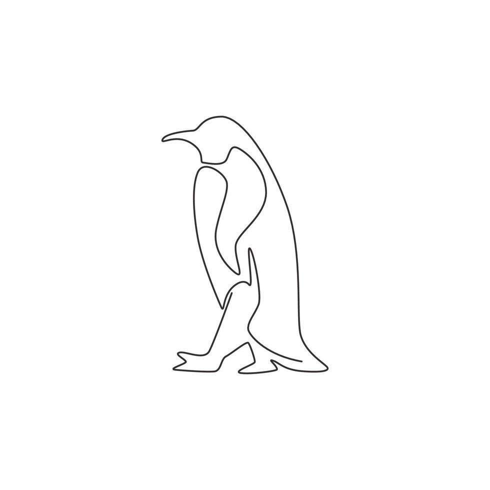 One continuous line drawing of funny penguin for kids toy company logo identity. South pole bird mascot concept for conservation national park. Single line graphic vector draw design illustration