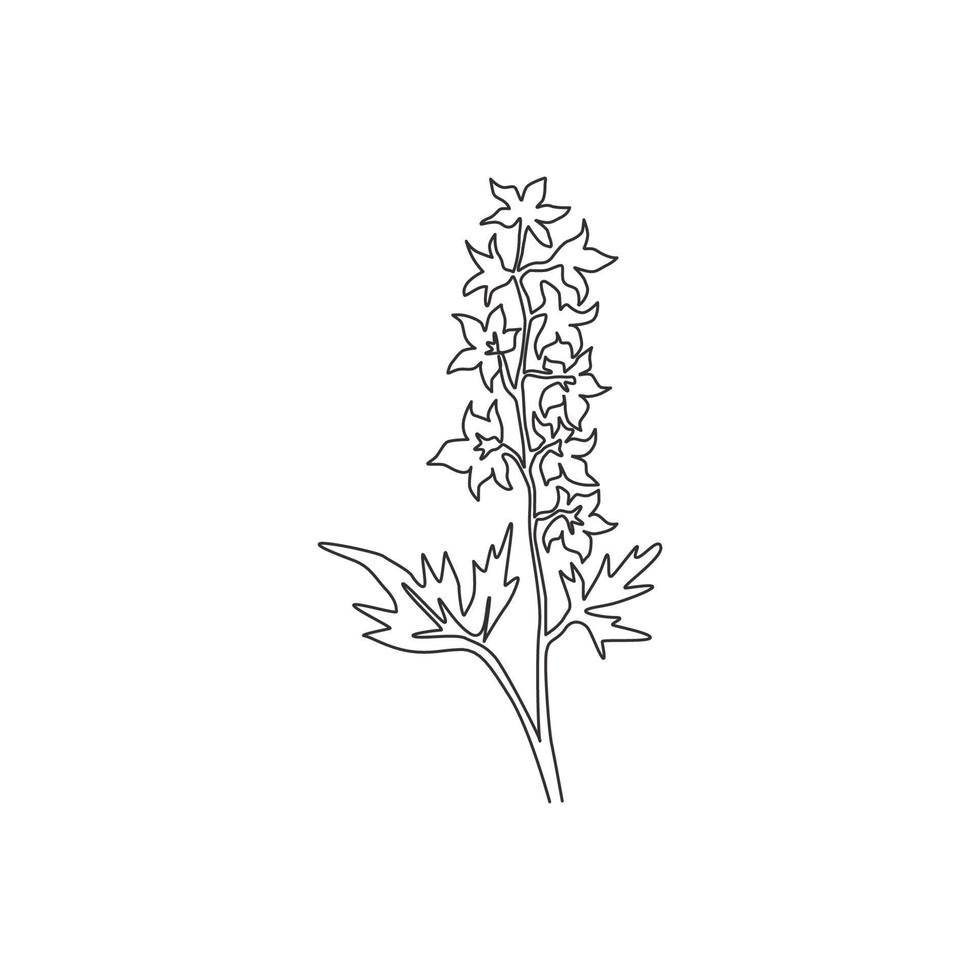 Single one line drawing beauty fresh larkspur for garden logo. Decorative of  perennial delphinium concept for home wall decor art poster print. Modern continuous line draw design vector illustration