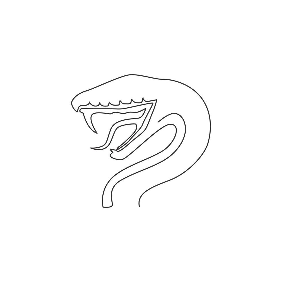 One single line drawing of venomous snake for medicine concoction logo. Deadly cobra mascot concept for dangerous lethal potion icon. Trendy continuous line draw design vector graphic illustration