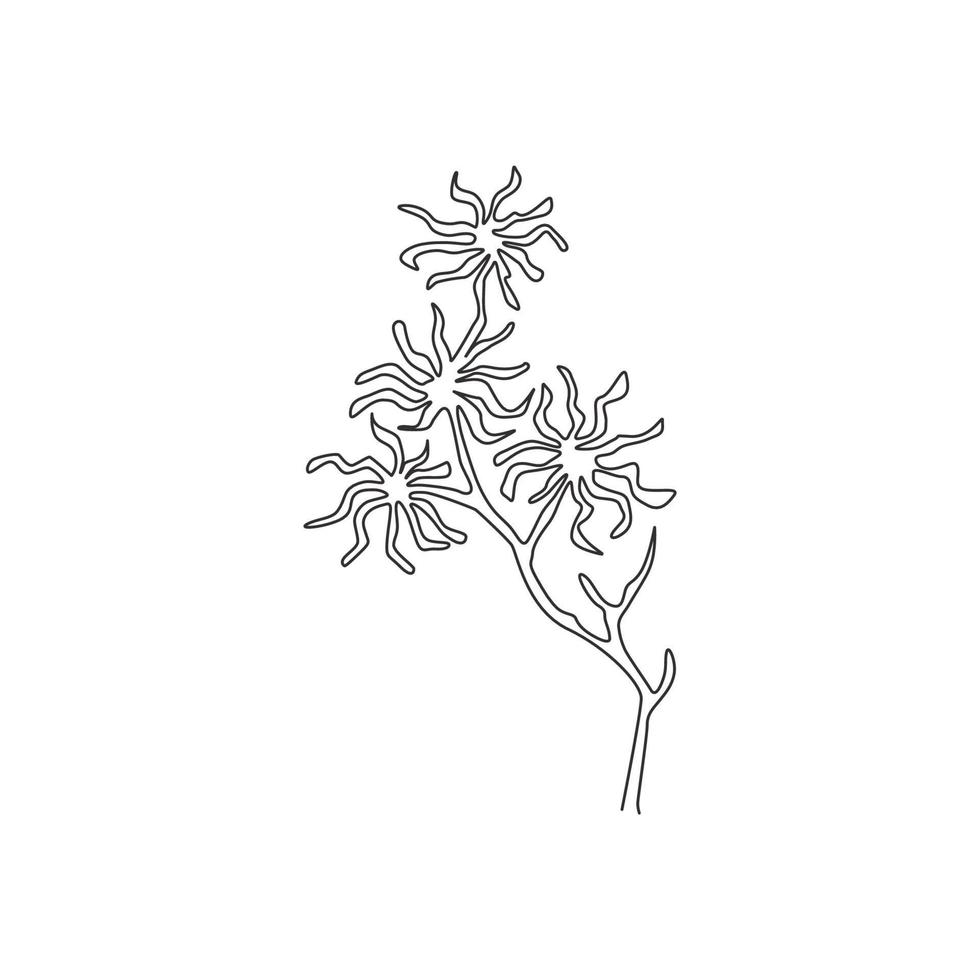 One continuous line drawing beauty fresh witch hazels for home art wall decor poster print. Decorative deciduous shrubs plant concept for invitation card. Single line draw design vector illustration