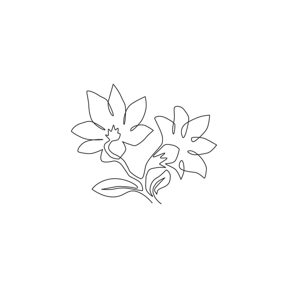 dibujo de una sola línea de magnoliaceae frescas de belleza para el logotipo del jardín. Concepto decorativo de flor de magnolia para decoración de pared del hogar. Ilustración de vector de diseño de dibujo de línea continua moderna