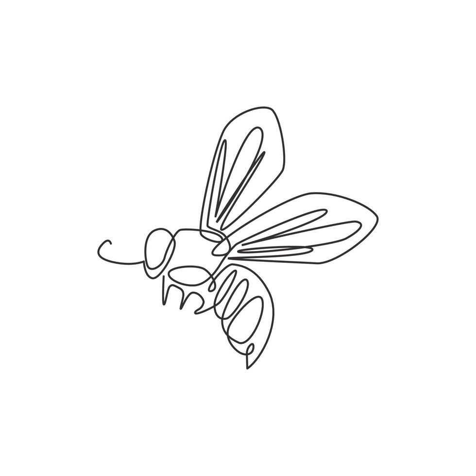 One single line drawing of cute bee for company logo identity. Honeybee farm icon concept from wasp animal shape. Trendy continuous line draw design vector graphic illustration