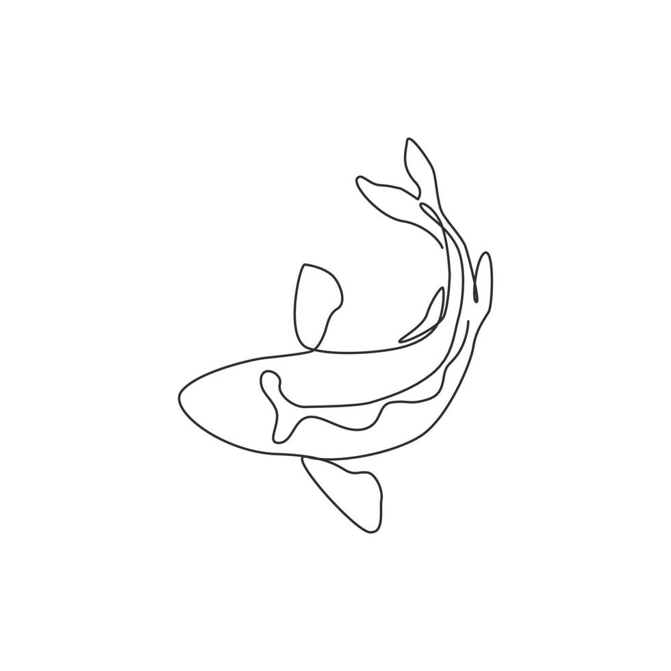 dibujo de una sola línea continua de hermosos peces koi exóticos para la identidad del logotipo del jardín del estanque natural. concepto de icono de pez de belleza de carpa típica asiática. Ilustración gráfica de vector de diseño de dibujo de una línea dinámica