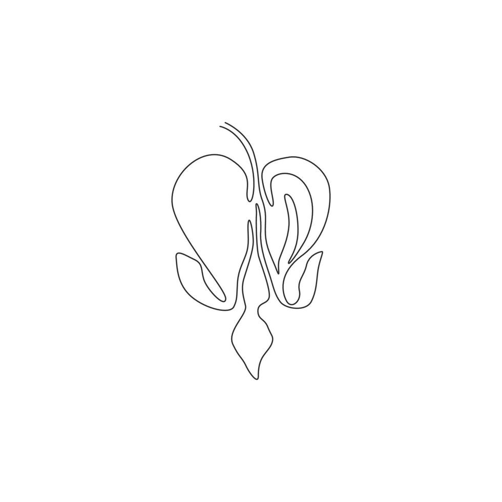 Single one line drawing beauty lamprocapnos spectabilis for garden logo. Decorative bleeding heart flower for home art wall decor poster print. Modern continuous line draw design vector illustration
