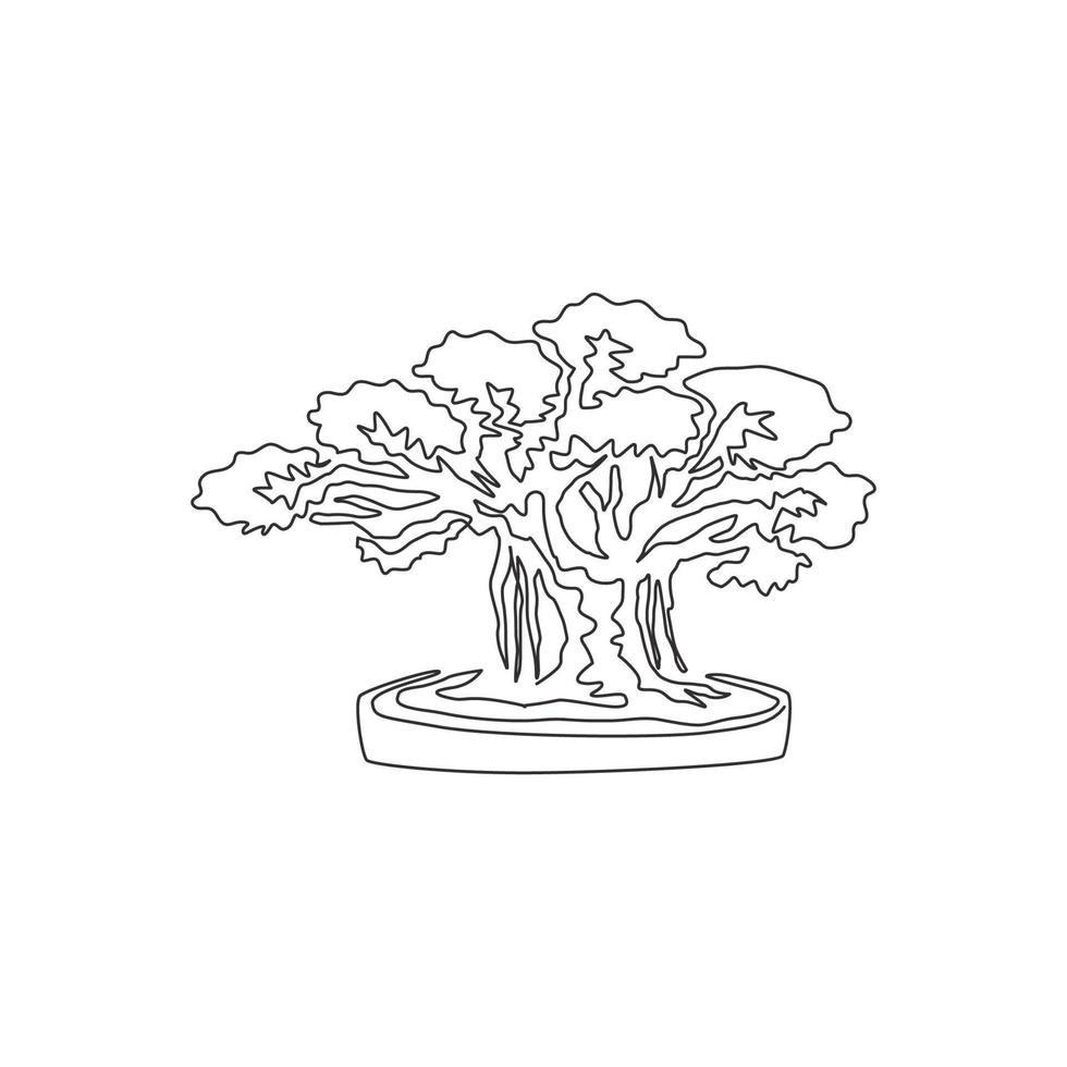 Single one line drawing beautiful and exotic Japanese bonsai tree. Decorative little banyan tree on tree concept for greeting post card. Modern continuous line draw design graphic vector illustration