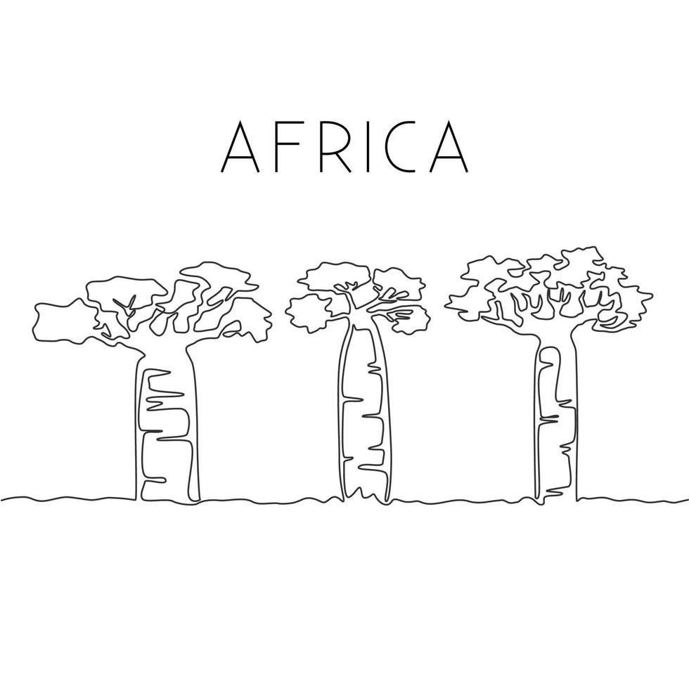 One continuous line drawing of big baobab tree. Decorative adansonia digitata plant for home wall decor art poster print. Travel vacation concept. Trendy single line draw design vector illustration