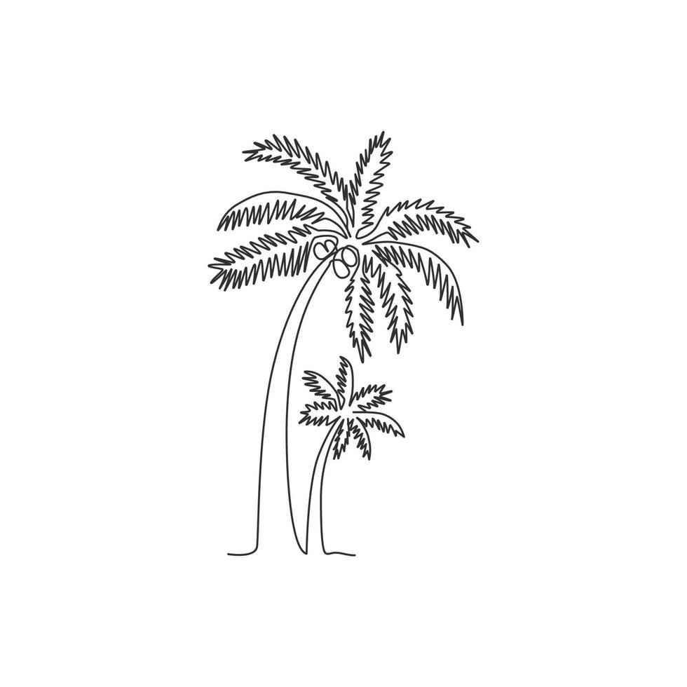 dibujo de una sola línea de cocotero. decorativos cocos nucifera, concepto de familia de palmeras de playa para saludar hola tarjeta postal de verano. Ilustración gráfica de vector de diseño de dibujo de línea continua moderna