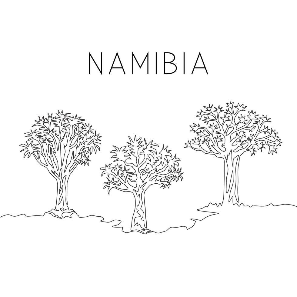 Single continuous line drawing of quiver tree forest. Decorative aloidendron dichotomum for home decor wall art poster print. Tourism and travel series. Modern one line draw design vector illustration