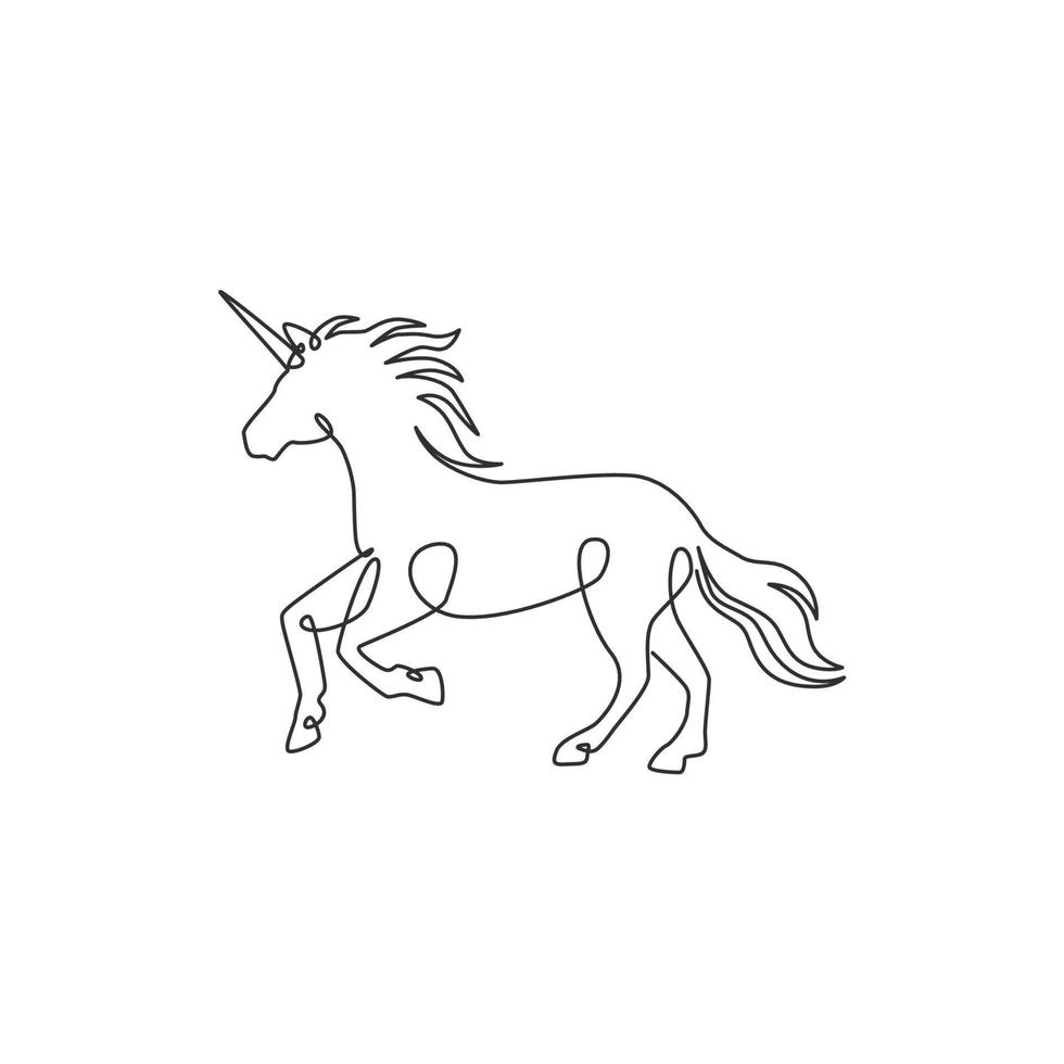 Single continuous line drawing of beautiful unicorn for corporate logo identity. Kids fantasy imagination creature concept for textile fashion print. Modern one line draw design vector illustration