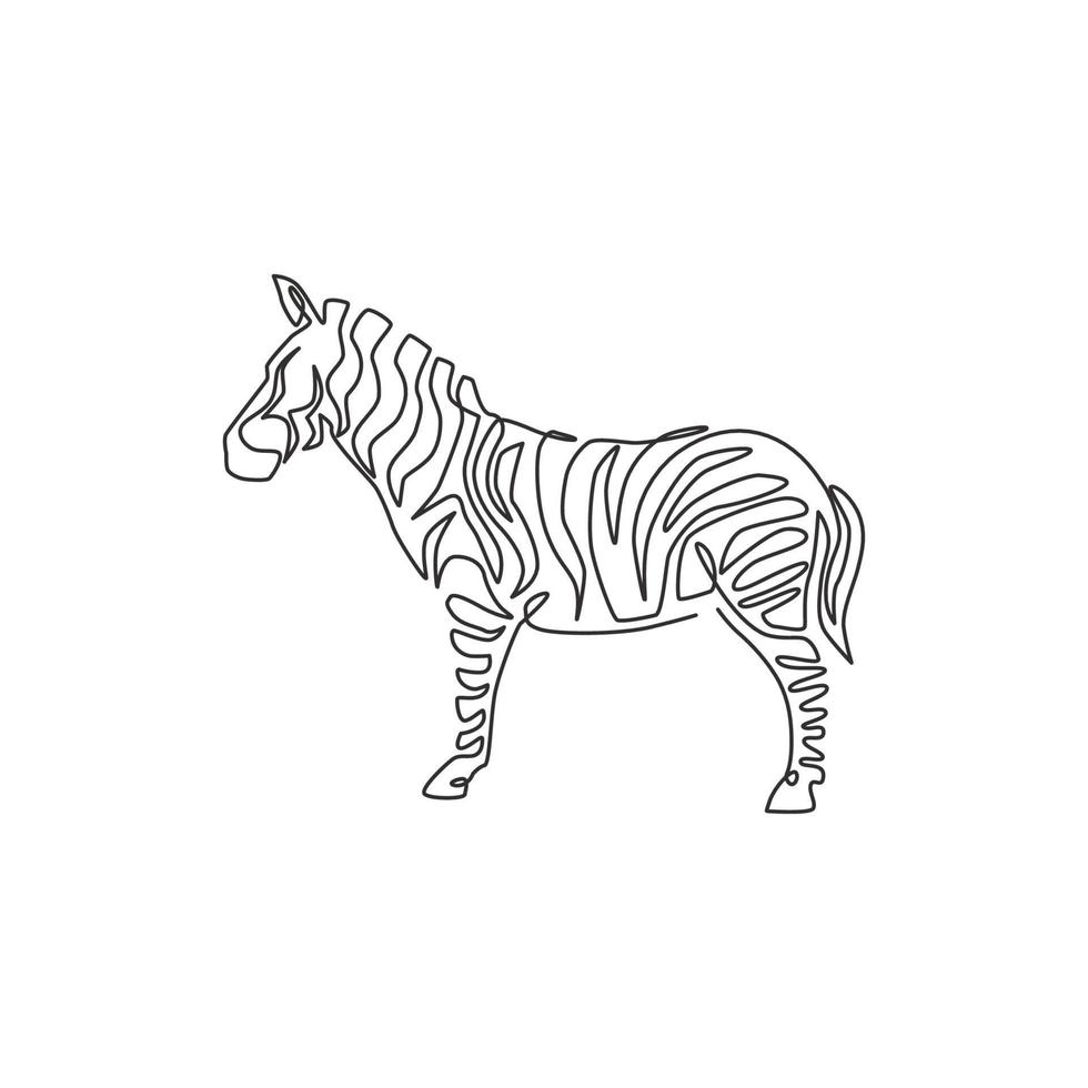 Single continuous line drawing of elegant zebra company logo identity. Horse with stripes mammal animal concept for national park safari zoo mascot. Trendy one line draw graphic design illustration vector