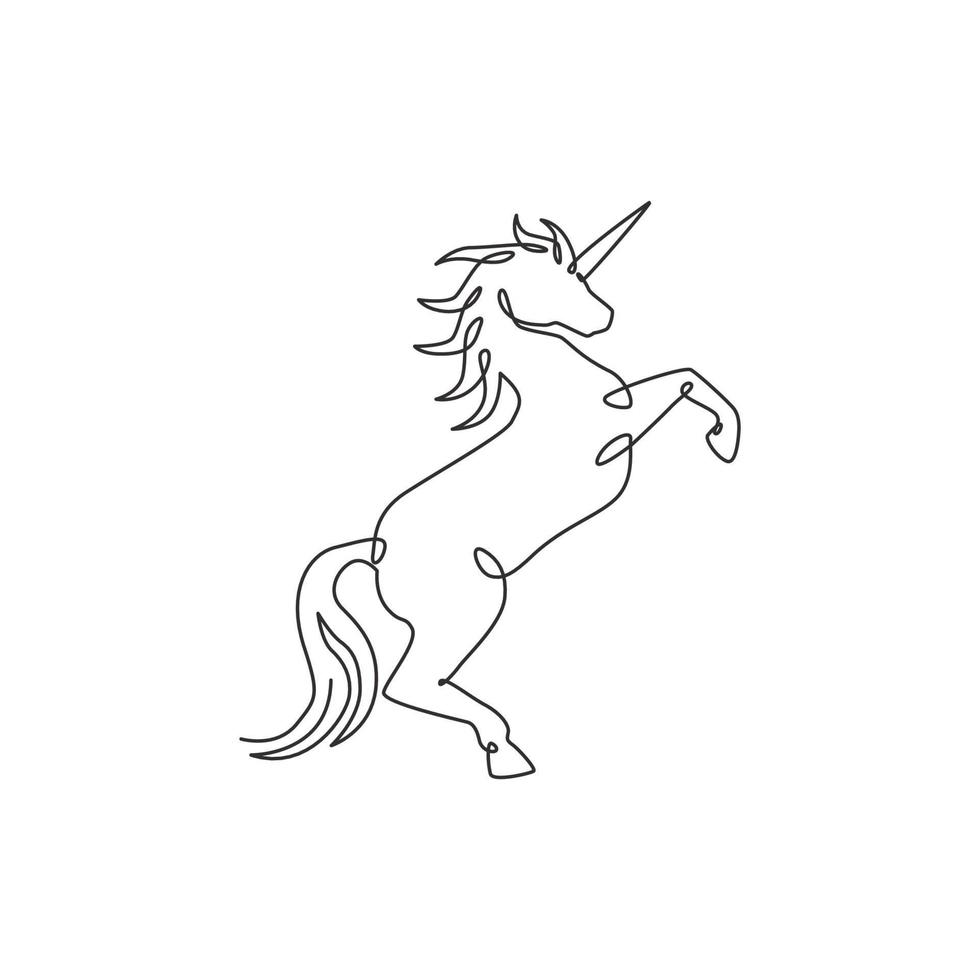 un dibujo de una sola línea de un lindo unicornio saltador con cuerno para la identidad del logotipo del estudio creativo. hermoso concepto de mitología de criatura animal de hadas. Ilustración de vector de diseño de dibujo de línea continua moderna