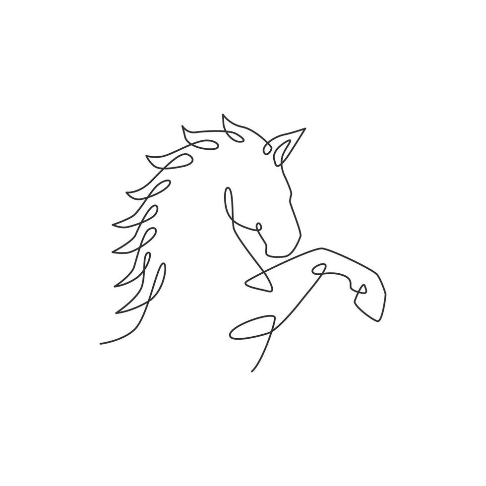 dibujo de línea continua única de elegante cabeza de caballo para la identidad del logotipo de la empresa. saltando fuerte mustang concepto de icono animal mamífero. Ilustración de diseño gráfico de vector de dibujo de una línea de moda