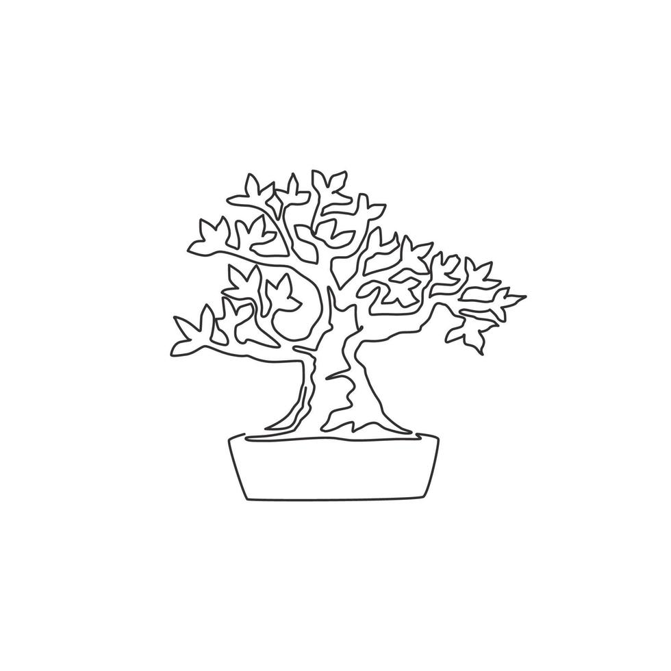 One continuous line drawing beauty and exotic mini bonsai tree for home wall decor art poster print. Old potted bonsai concept for plant shop logo. Trendy single line draw design vector illustration