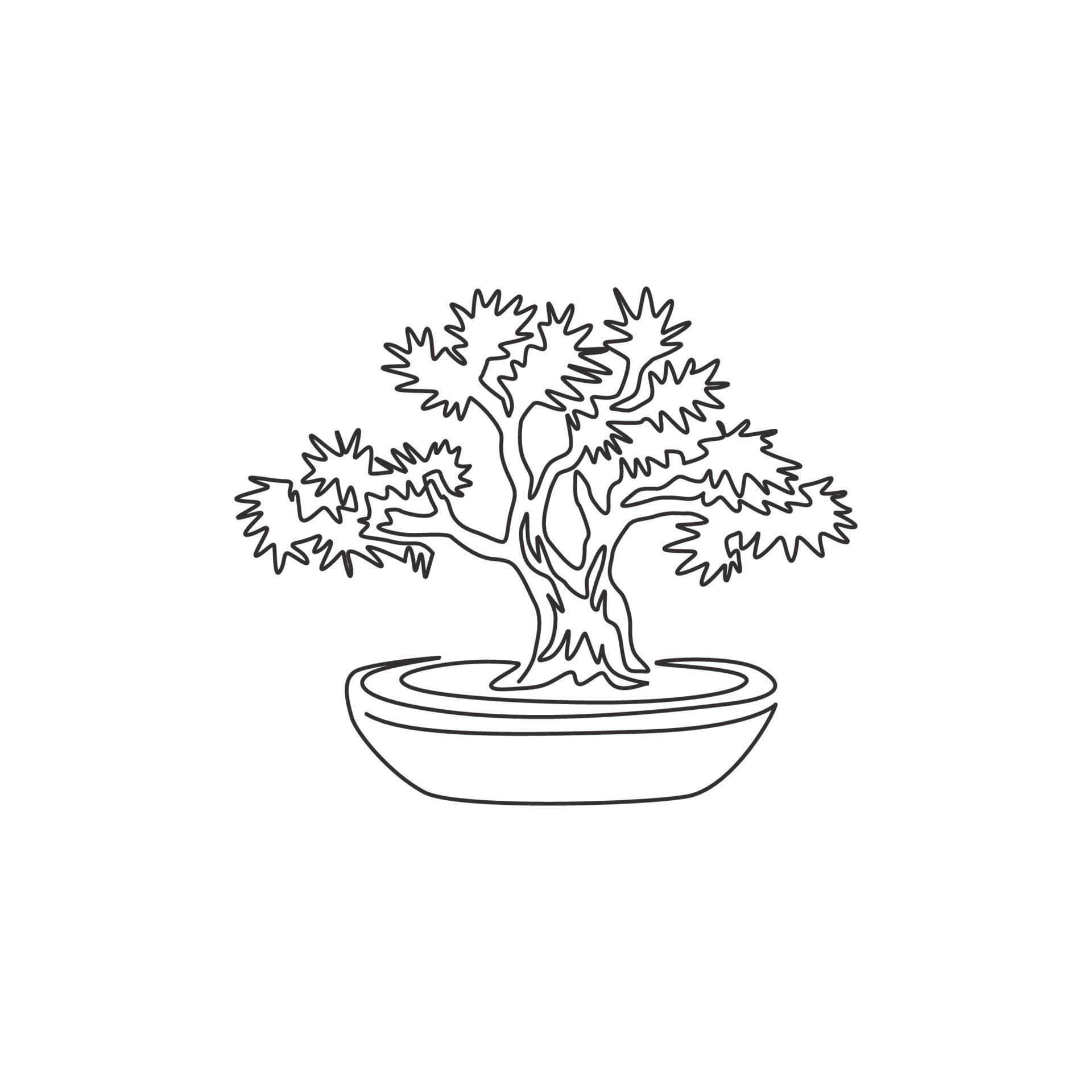 Single continuous line drawing of beauty and old exotic bonsai tree for home decor wall art