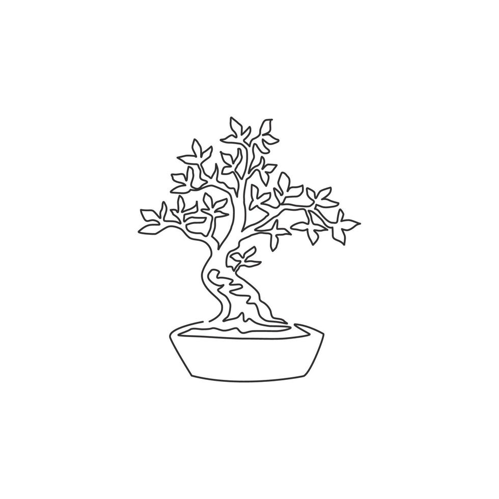 One continuous line drawing beauty and exotic bonsai tree for home wall decor art poster print. Decorative ancient potted bonsai plant for plant shop logo. Single line draw design vector illustration