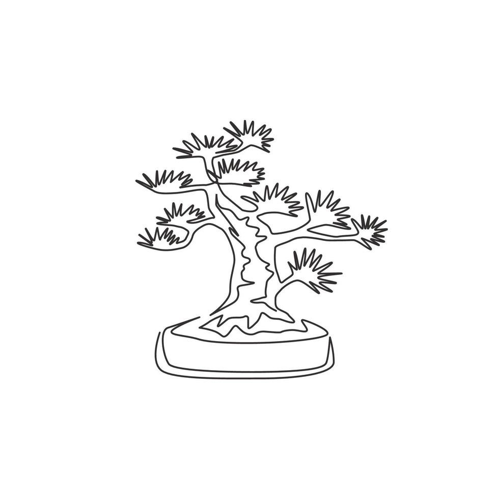 Dibujo de una sola línea de belleza y mini árbol bonsai exótico para decoración de pared, póster, impresión artística. Planta decorativa en maceta antigua para tienda de plantas. Ilustración de vector de diseño de dibujo de línea continua moderna