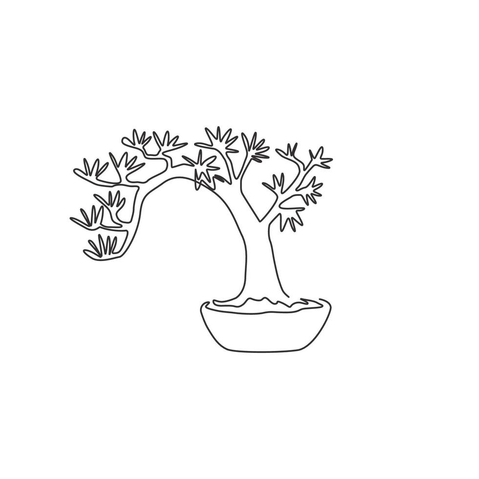 Single continuous line drawing old beauty and exotic tiny bonsai tree for home art wall decor poster print. Decorative bend plant for plant shop logo. Modern one line draw design vector illustration