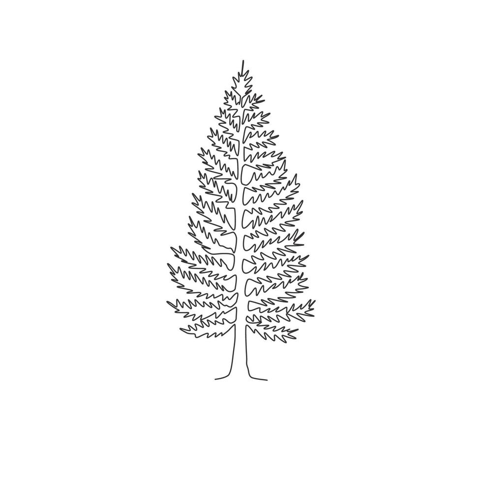 One continuous line drawing of beauty and exotic pine tree for home decor wall art poster print. Decorative tall conifer pinus plant for national park logo. Single line draw design vector illustration