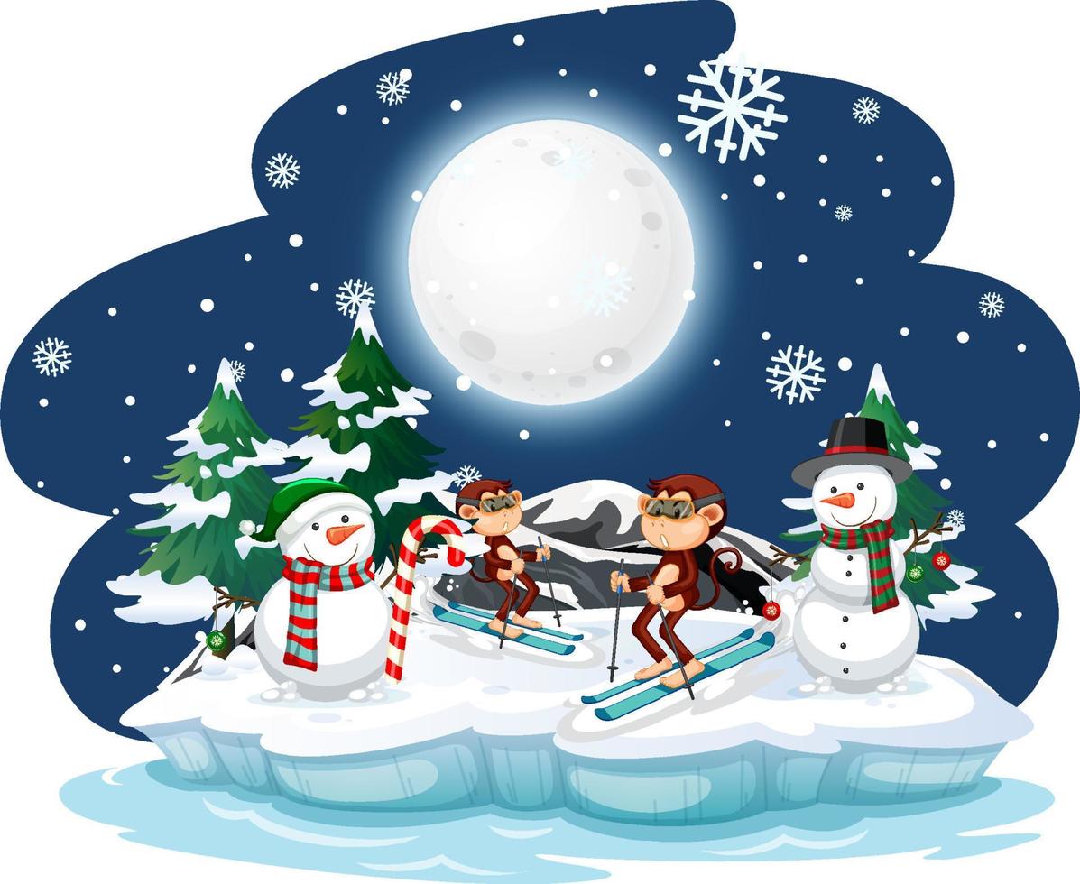 Monkey skiing in the snow at night scene vector