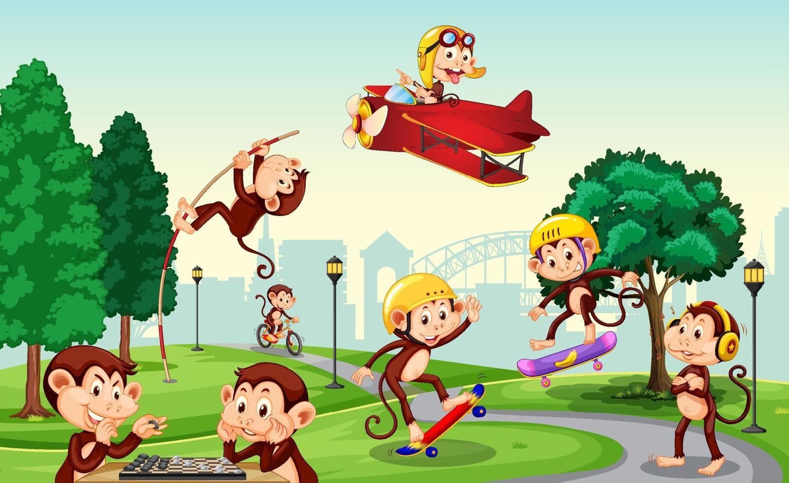 Outdoor park with little monkeys doing different activities vector