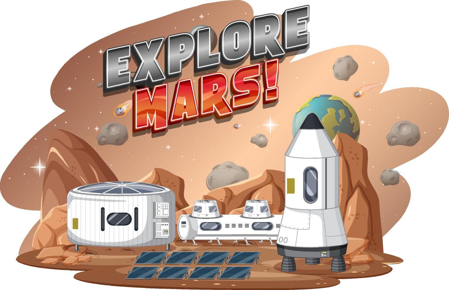Explore Mars word logo design with space station vector