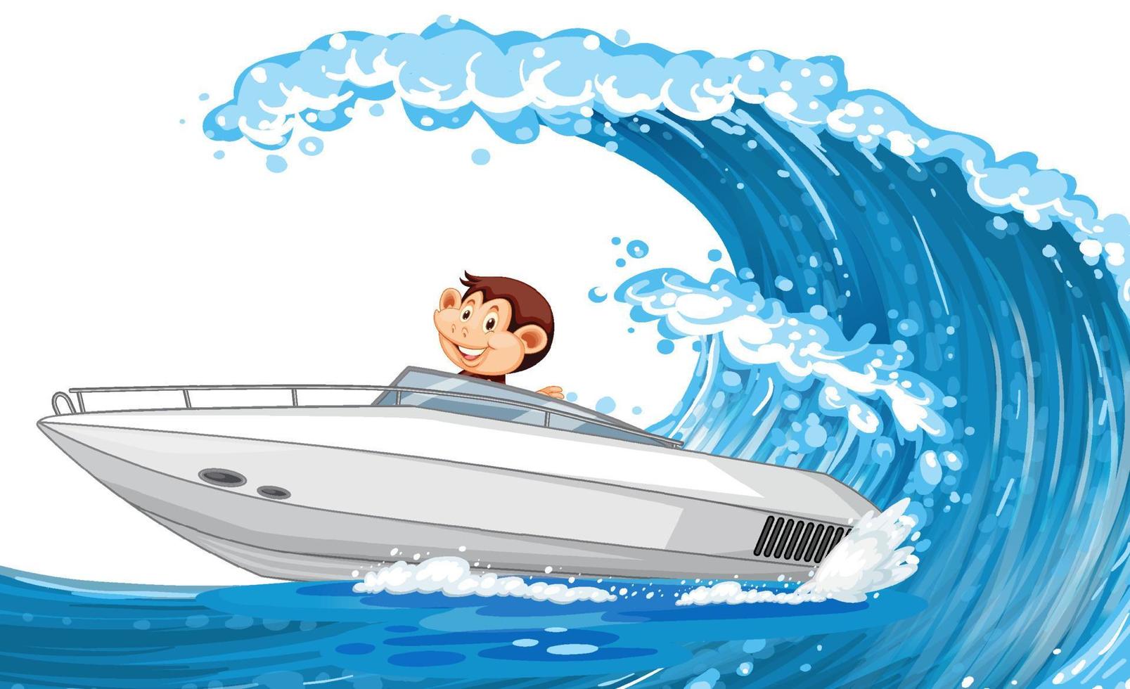 Little monkey driving speed boat on ocean wave vector