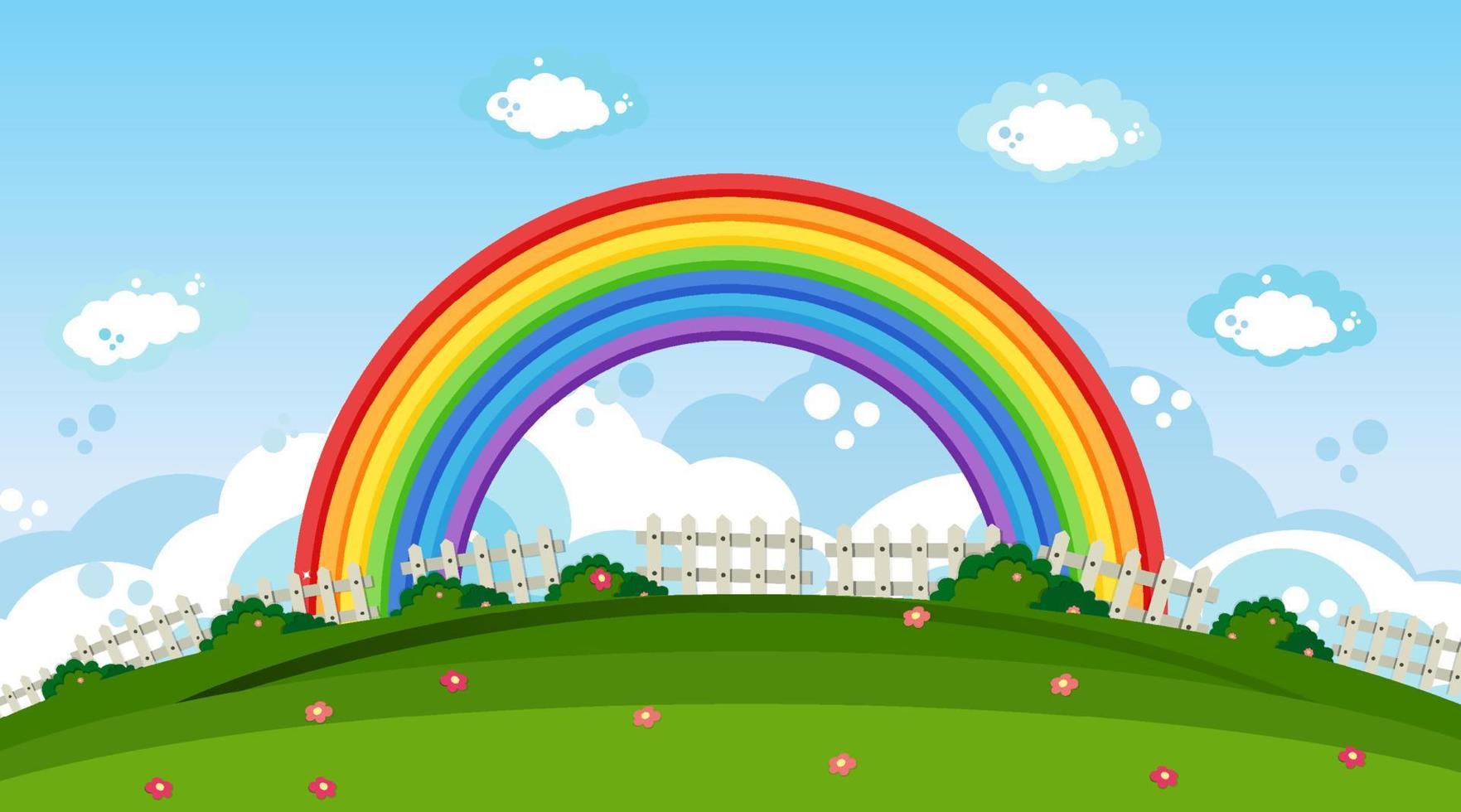 Fondo de escena de parque natural con arco iris en el cielo vector