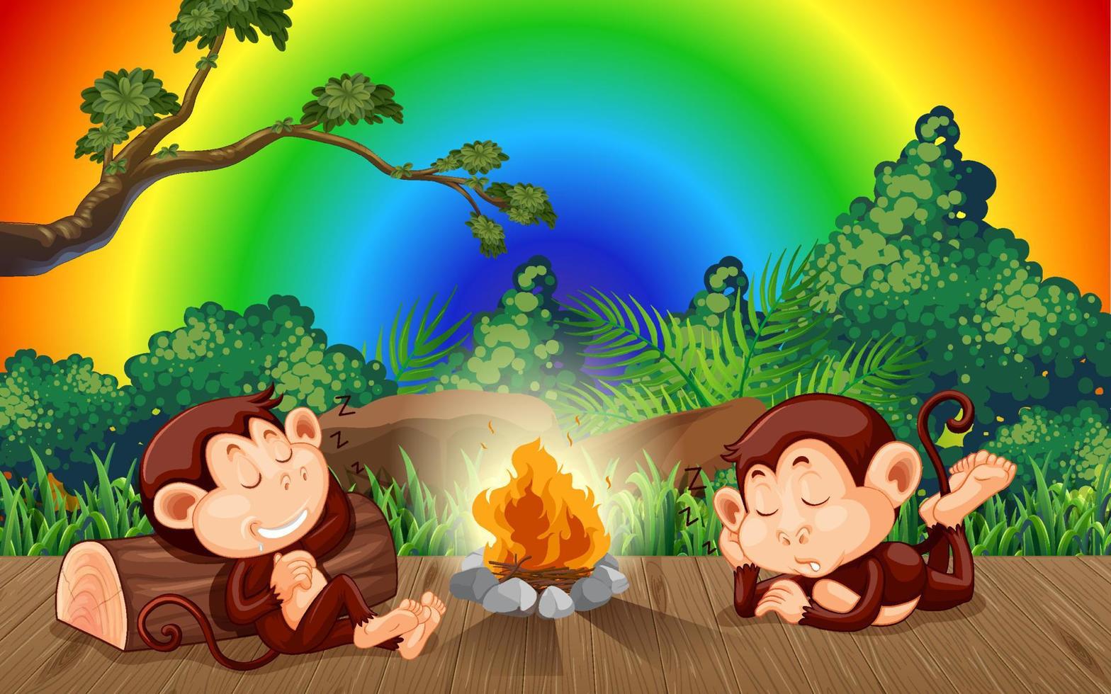 Two monkeys take a nap in the forest on gradient rainbow background vector