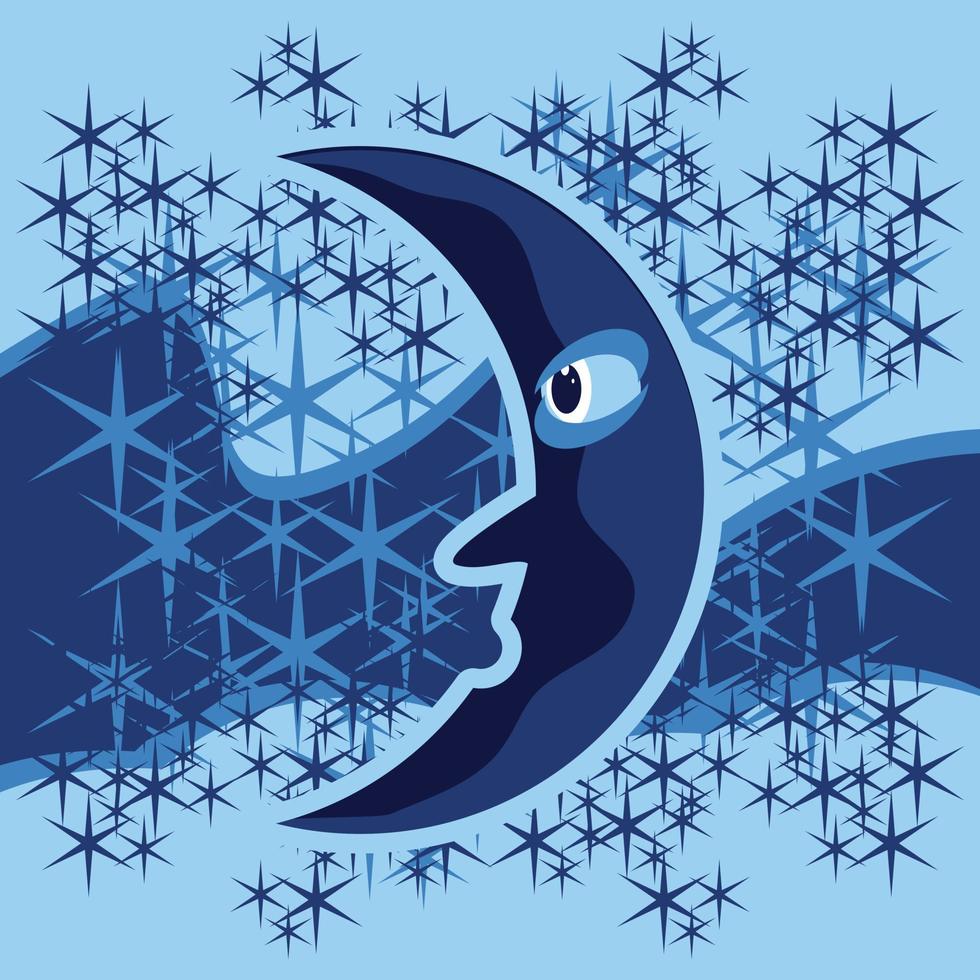 Crescent Blue Moon with Night Sky Background and Stars Vector Illustration