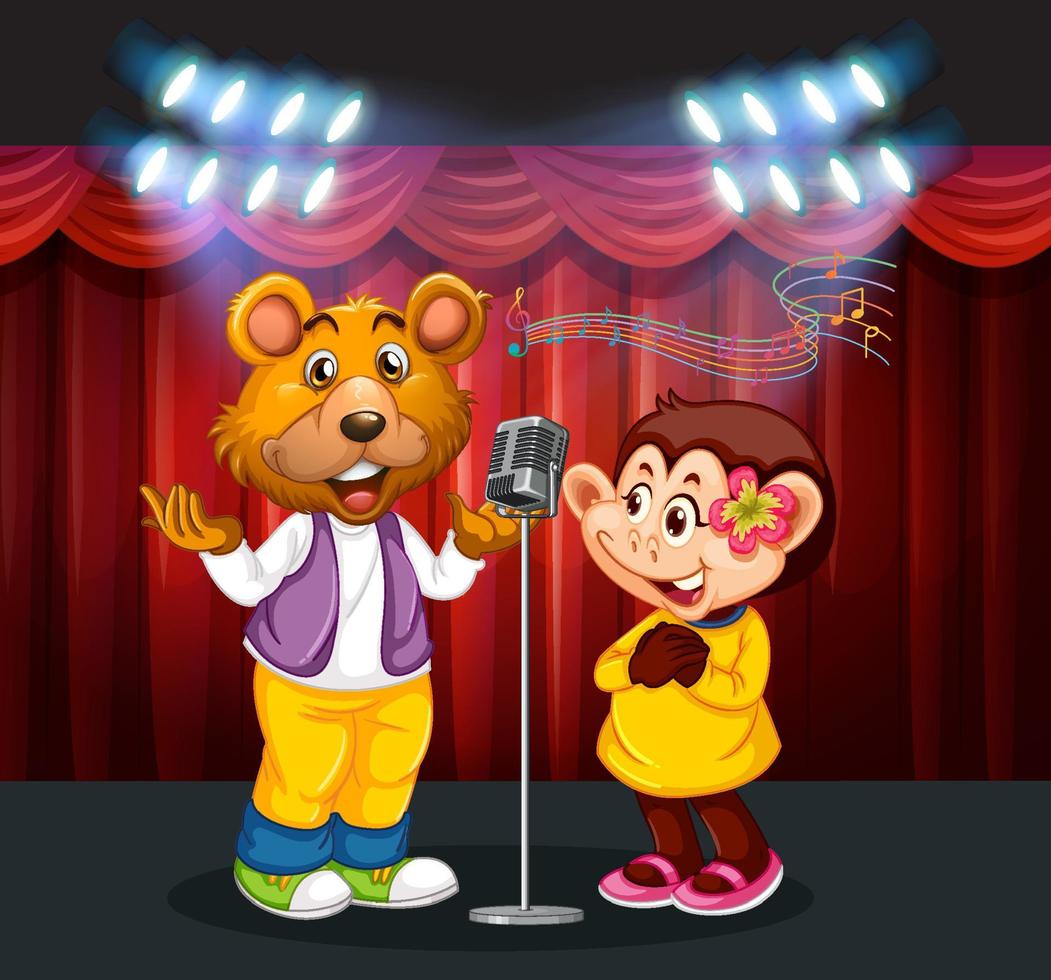 Cute bear and monkey singing on stage vector