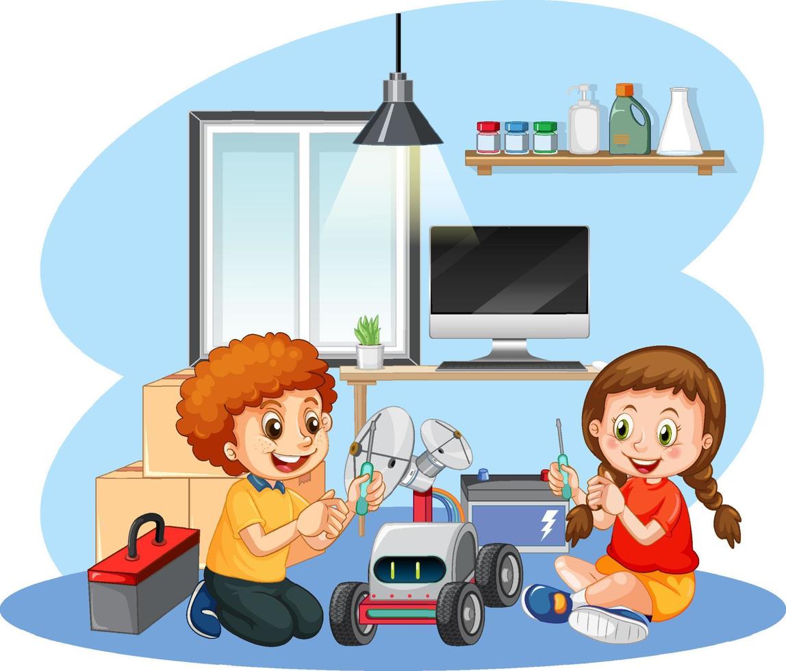 Children fixing toy car together on white background vector