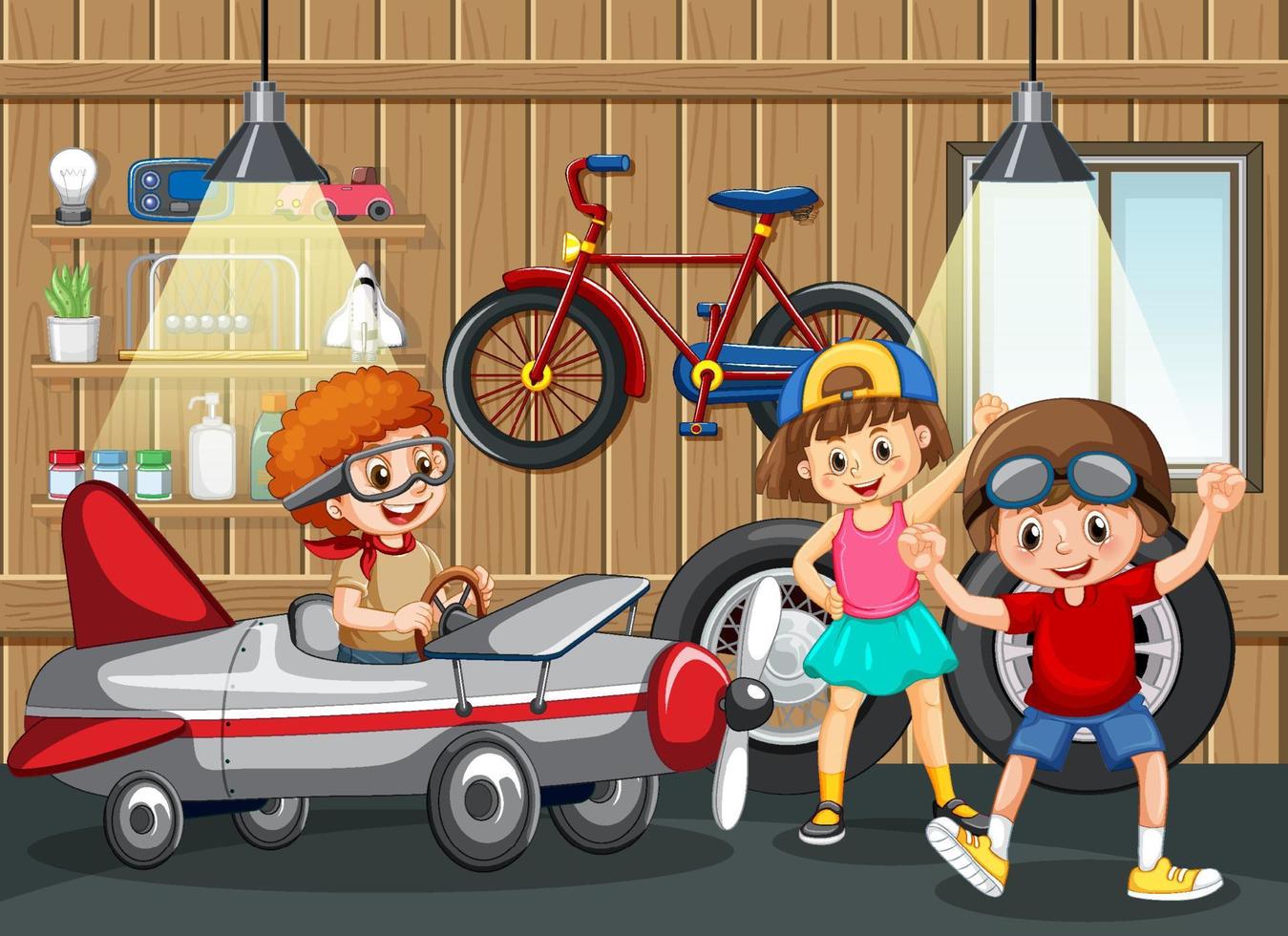 Escena de garaje con niños arreglando un coche juntos. vector