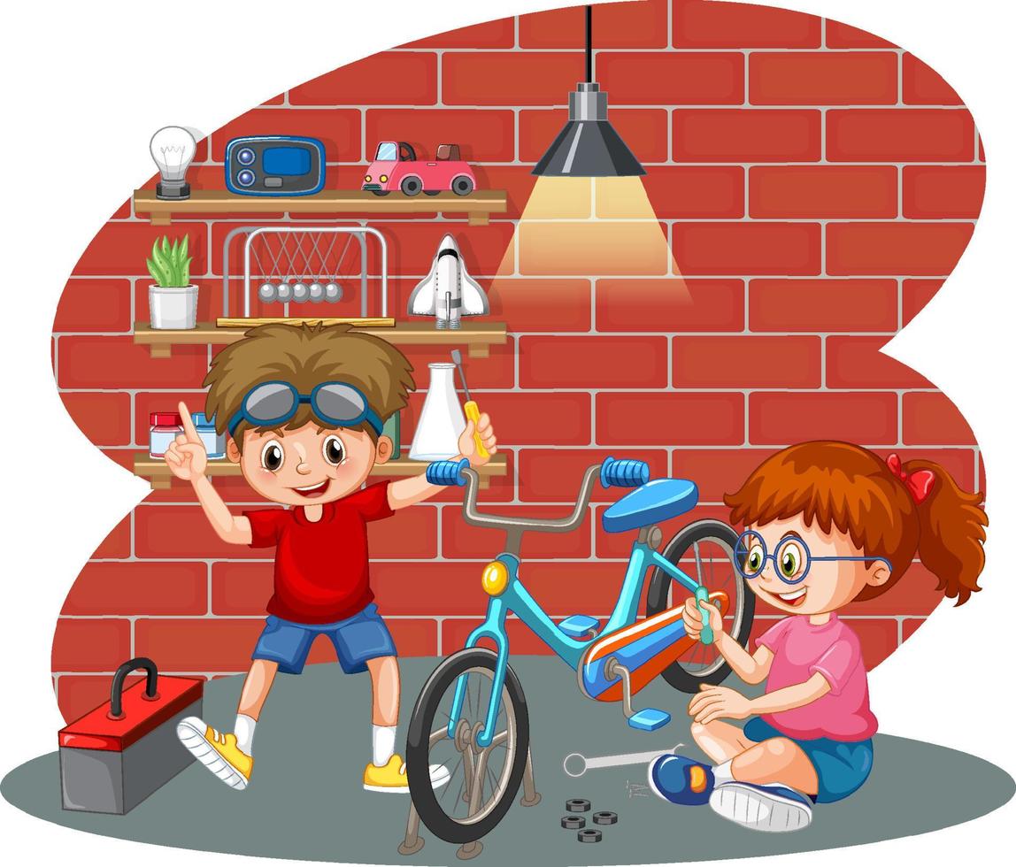 niños arreglando una bicicleta juntos vector