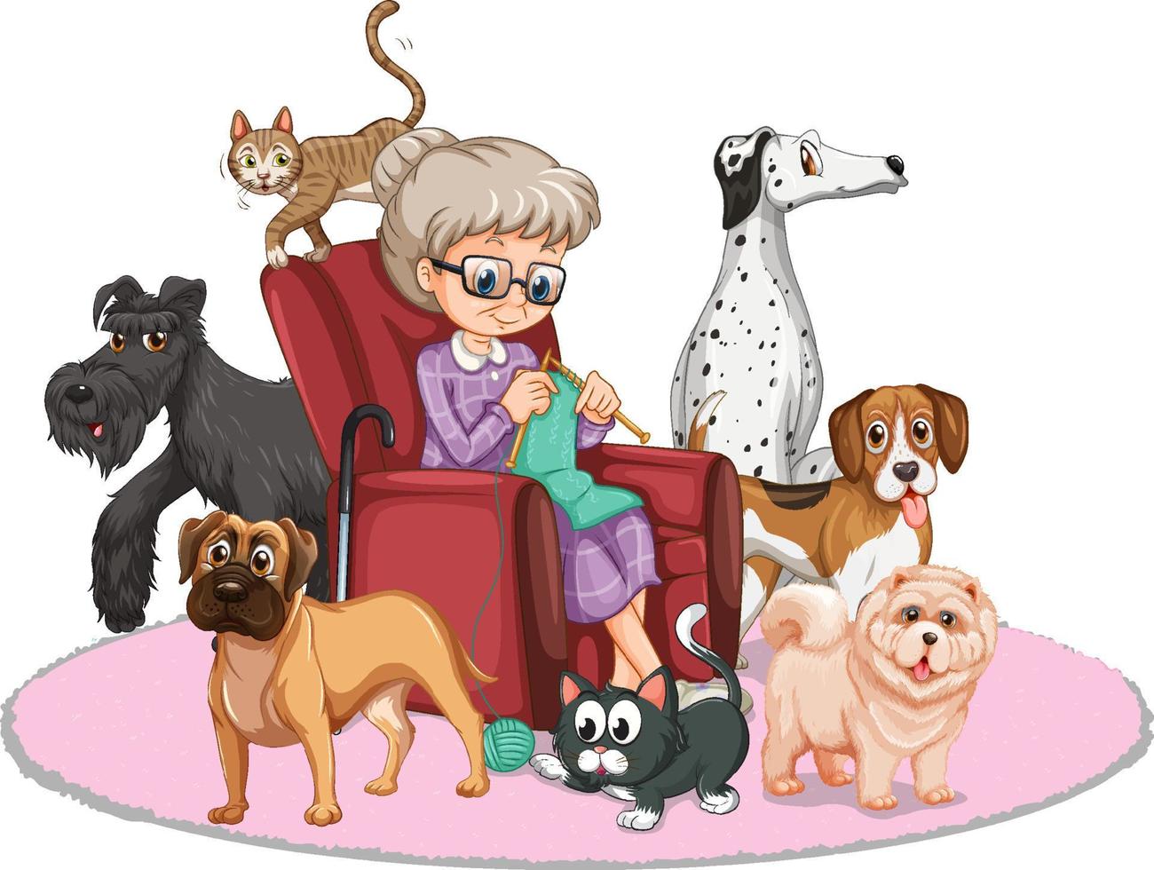 Grandma knitting with her dogs and cats vector