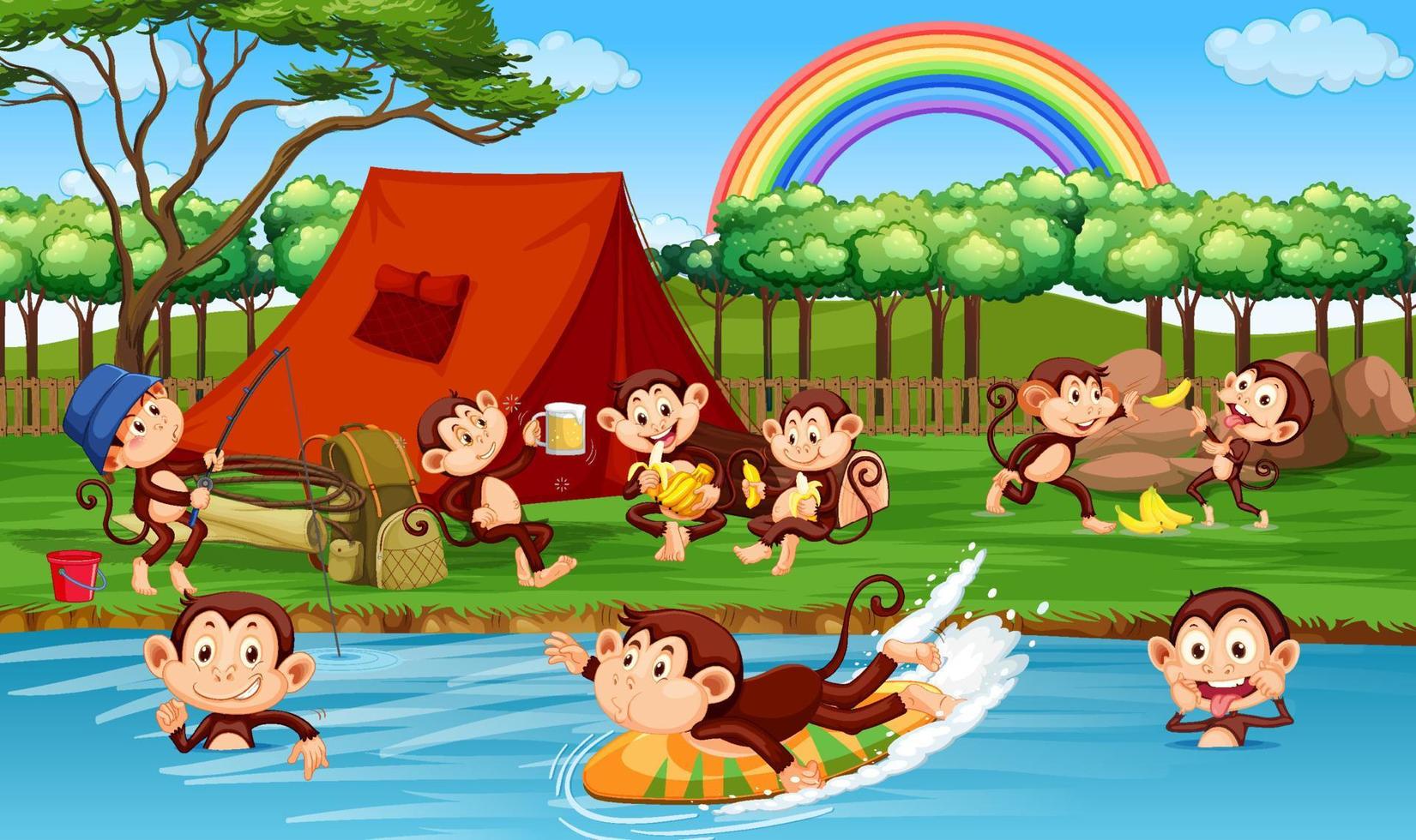 Escena del bosque de campamento con pequeños monos haciendo diferentes actividades. vector