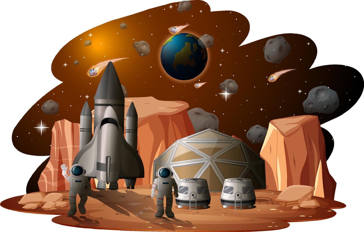 Space station on planet with spaceship vector