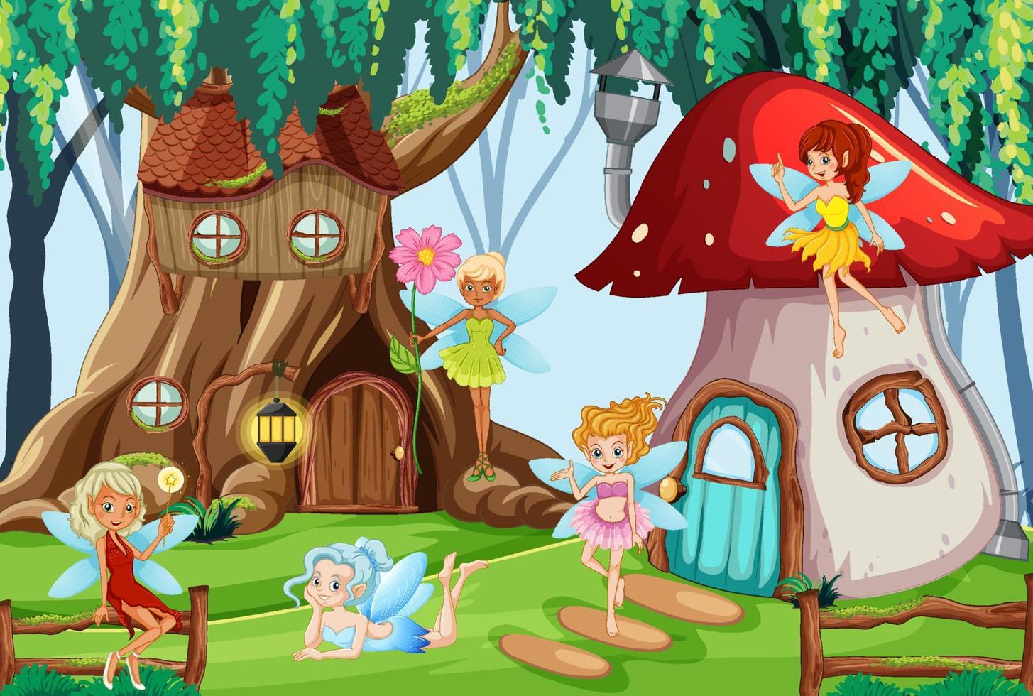 Fantasy forest with cute fairies vector