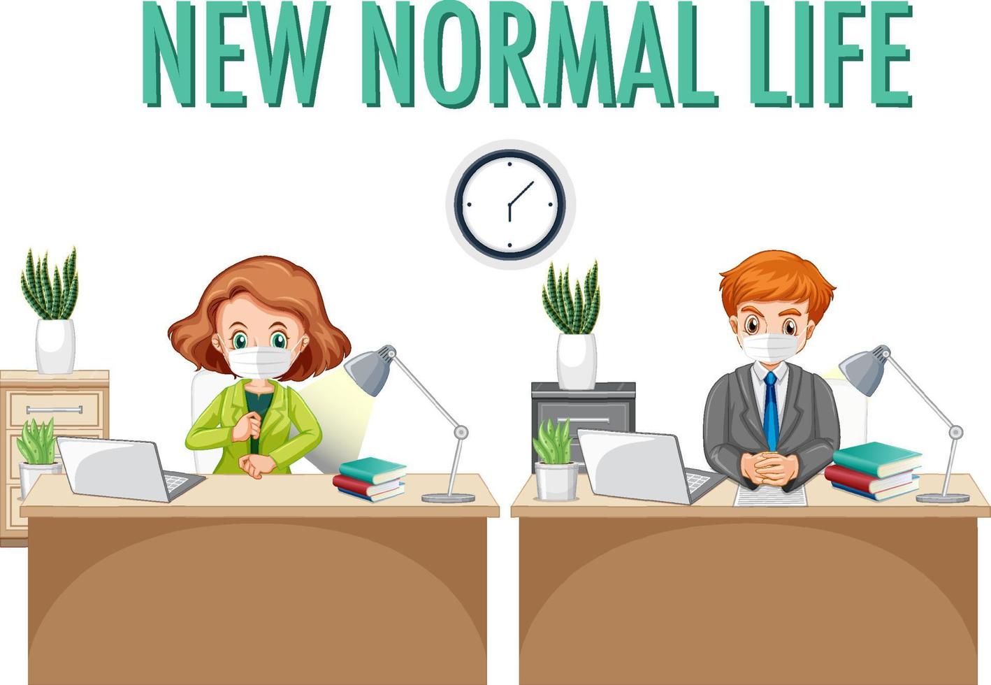 New Normal Life with officer working social distancing 4480632 Vector